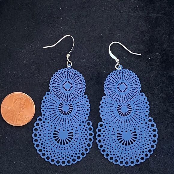 Vintage Style Boho Filigree Tiered Circle Navy Dark Blue Drop Earrings NWT - Picture 4 of 8
